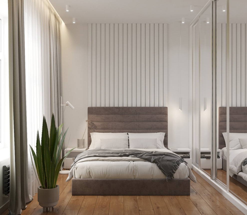 Свежая идея для дизайна: маленькая хозяйская спальня в скандинавском стиле с белыми стенами для на участке и в саду - отличное фото интерьера