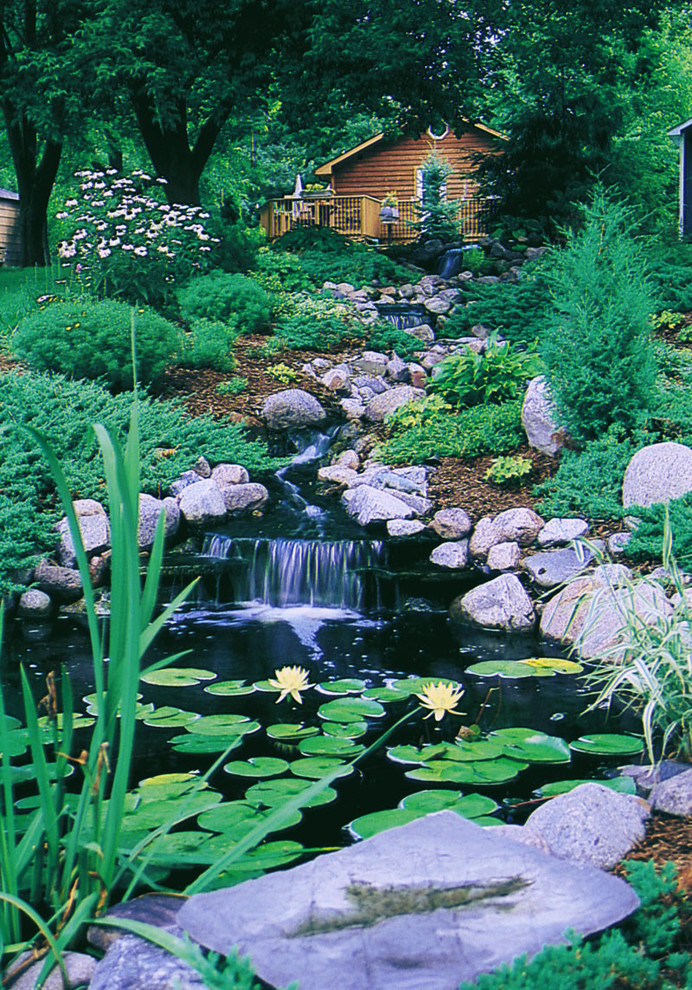 Traditional garden in Los Angeles with with waterfall.
