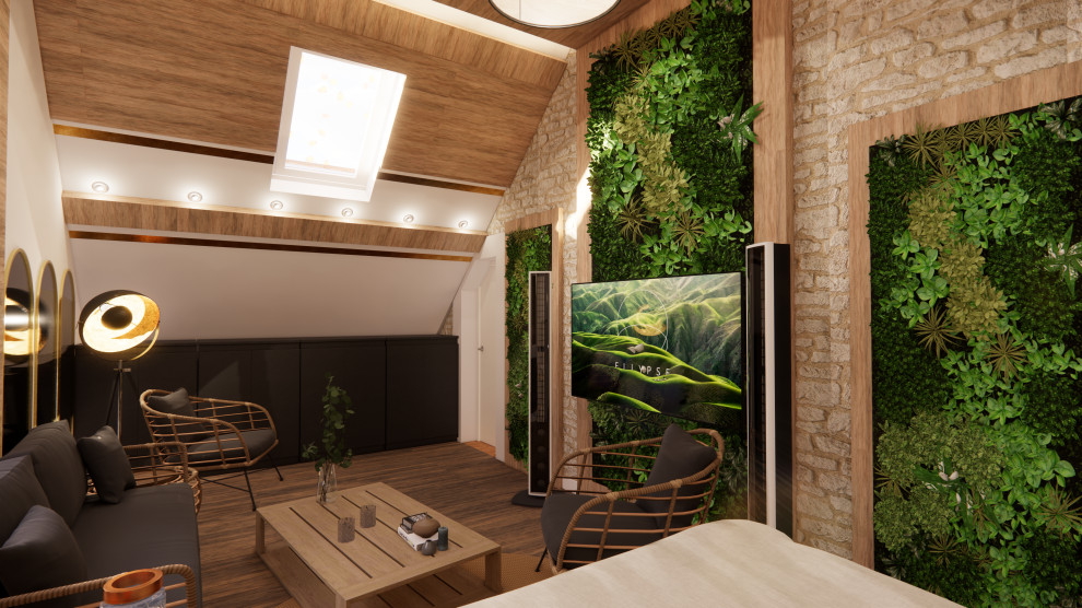 Großes Modernes Schlafzimmer ohne Kamin, im Loft-Style mit weißer Wandfarbe, Sperrholzboden, braunem Boden, freigelegten Dachbalken und Holzwänden in Dijon