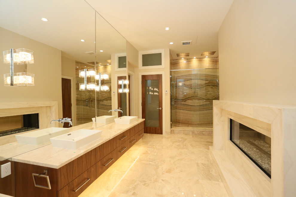 Design ideas for an expansive contemporary master bathroom in Vancouver with an undermount sink, open cabinets, dark wood cabinets, quartzite benchtops, a freestanding tub, a one-piece toilet, white tile, ceramic tile, multi-coloured walls and mosaic tile floors.