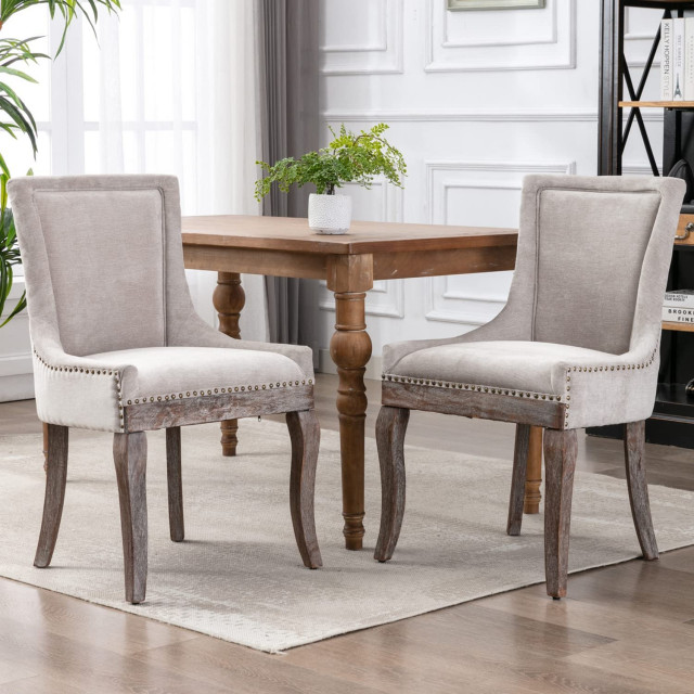 Upholstered Dining Chairs with Solid Wood Legs, Nailhead Trim, Set of 2 ...