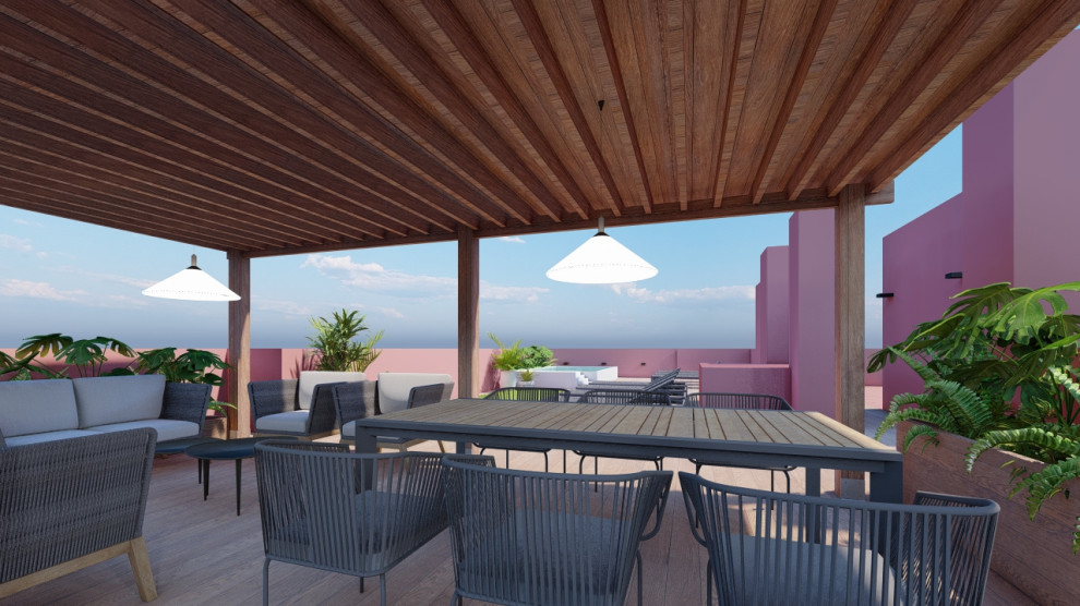 Idée de décoration pour une terrasse sur le toit méditerranéenne avec une pergola.
