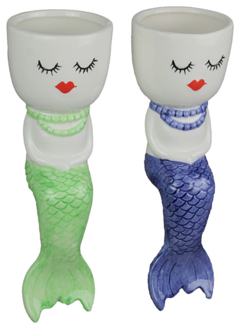 Set of 2 Dolomite Ceramic Mermaid Shelf Sitter Mini Planters