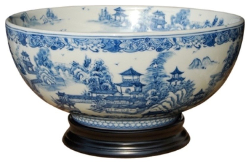 Chinese Blue and White Blue Willow Porcelain Bowl With Base, 14