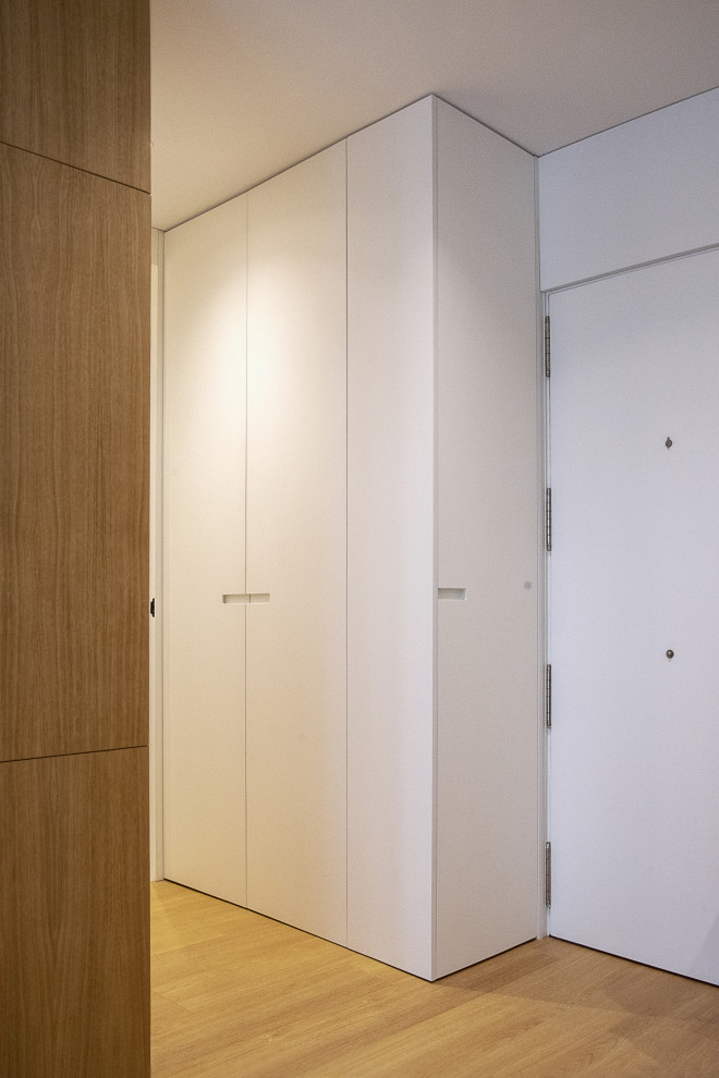 Foto på en liten minimalistisk foajé, med vita väggar, laminatgolv, beiget golv, en pivotdörr och en vit dörr
