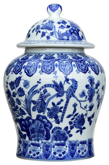 Blue and White Porcelain Chinoiserie Bird Temple Jar 13"