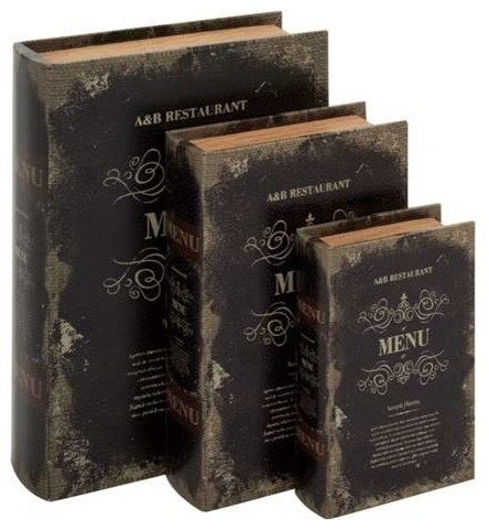 Restaurant Set of 3 Brown Wood Leather Book Boxes Gourmet Menu 59383