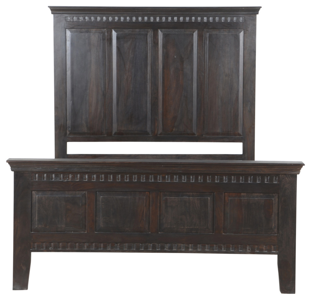 Carved Solid Wood Panel Bed, Queen