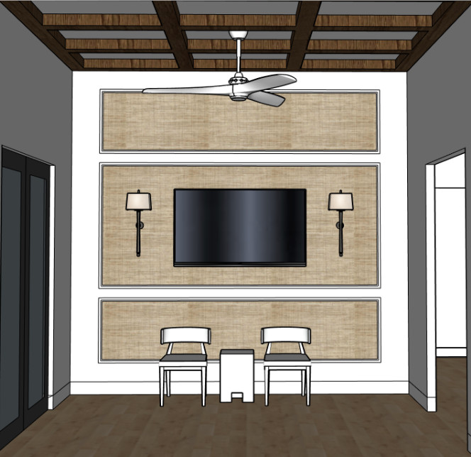 Стильный дизайн: кабинет среднего размера в современном стиле с балками на потолке и панелями на части стены - последний тренд