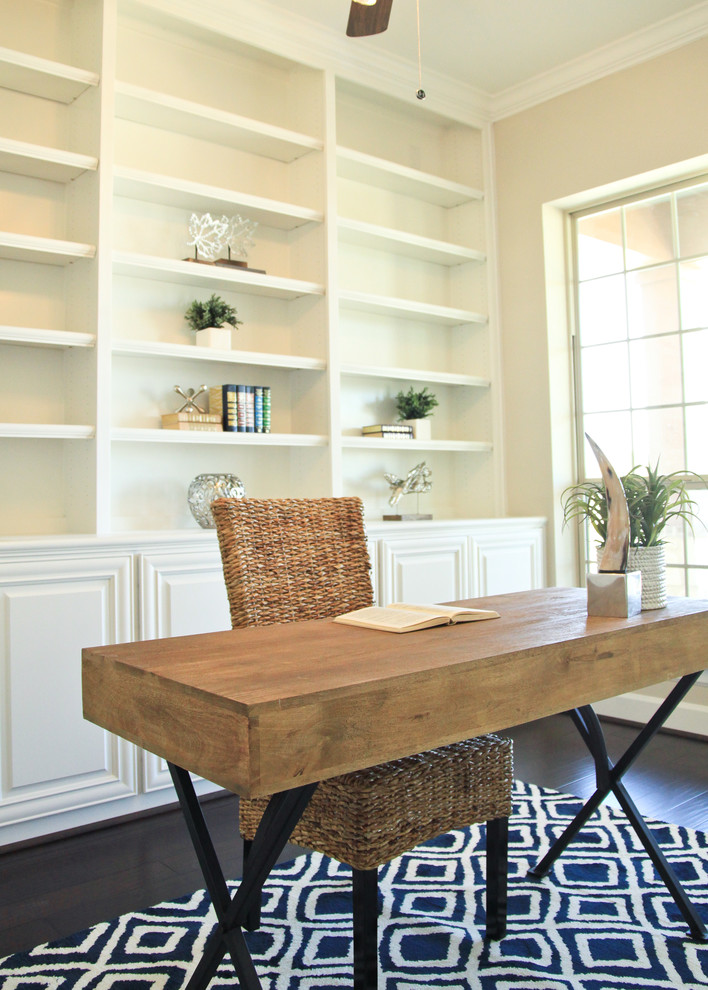 Design ideas for a mid-sized country home office in Dallas with dark hardwood floors and a freestanding desk.