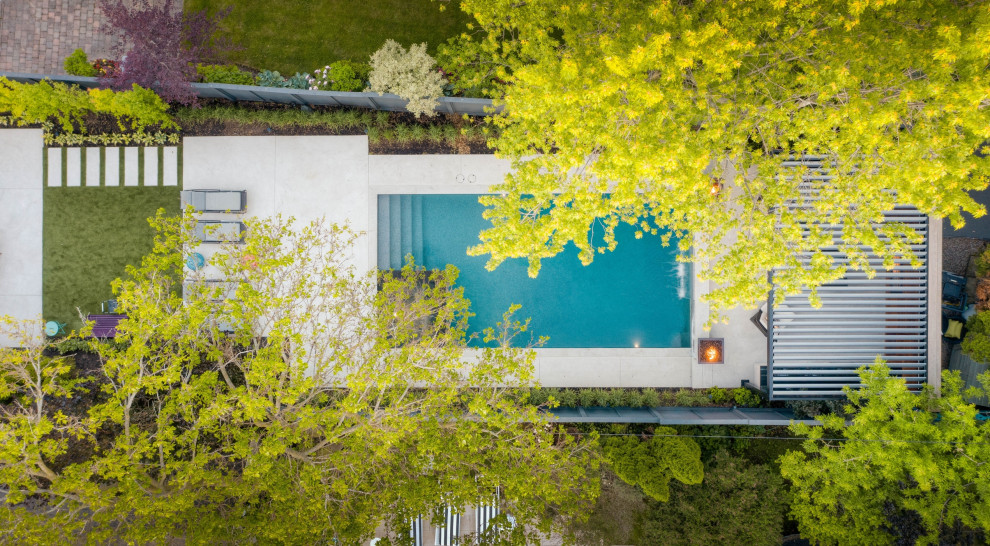 Ejemplo de piscina pequeña rectangular en patio trasero con paisajismo de piscina y suelo de hormigón estampado