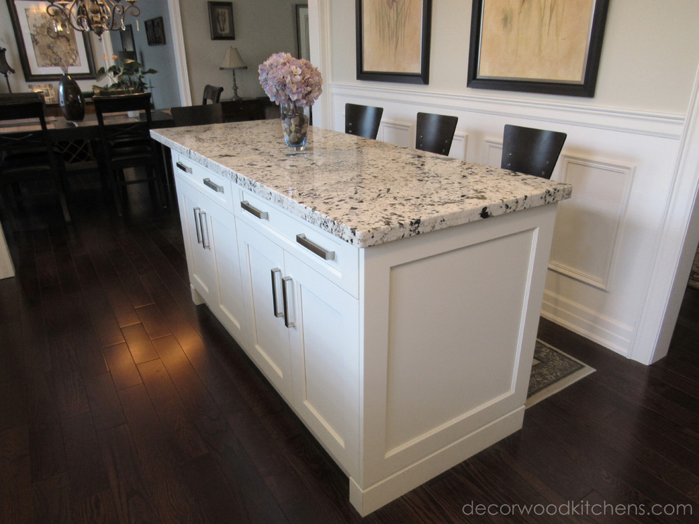 Enclosed kitchen - mid-sized transitional l-shaped dark wood floor enclosed kitchen idea in Toronto with an undermount sink, flat-panel cabinets, white cabinets, granite countertops, white backsplash, stone tile backsplash, stainless steel appliances and an island