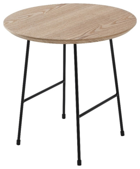 LeisureMod Rossmore Round Side Table With Wood Top and Black Frame