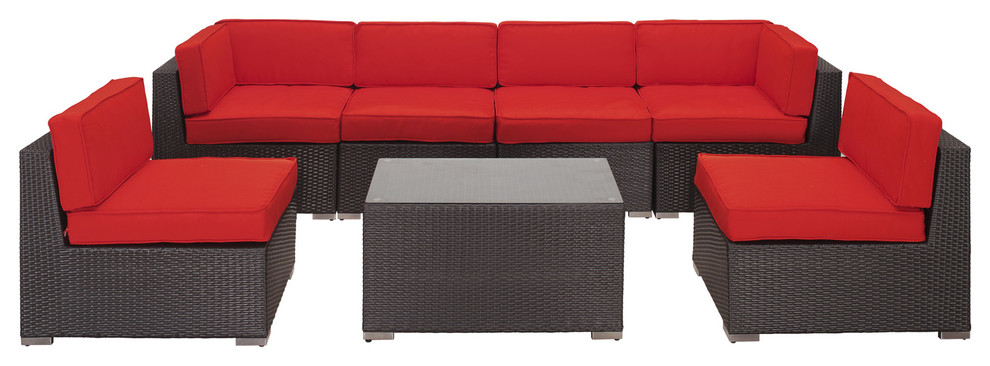 Aero Outdoor Wicker Patio 7-piece Sectional Sofa Set in Espresso with Red Cushio