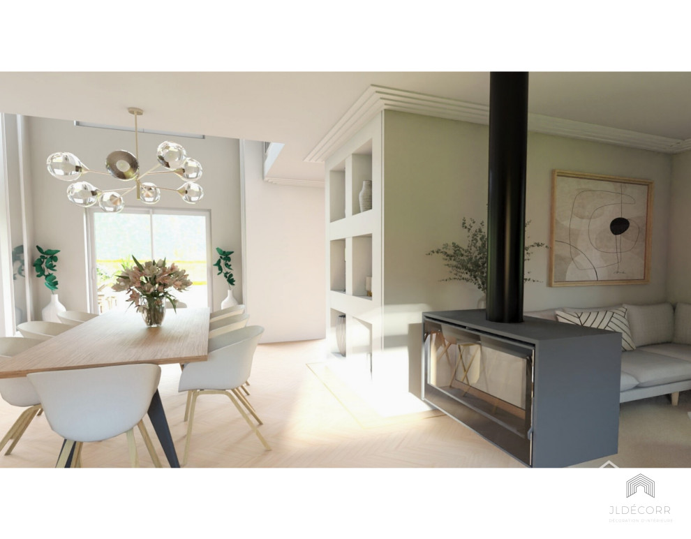 Пример оригинального дизайна: гостиная-столовая среднего размера в стиле неоклассика (современная классика) с белыми стенами, мраморным полом, подвесным камином, белым полом и многоуровневым потолком