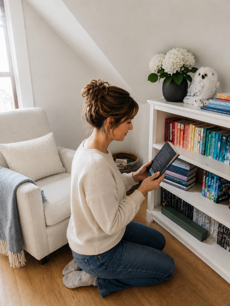 Woman looking through her bookshelf
