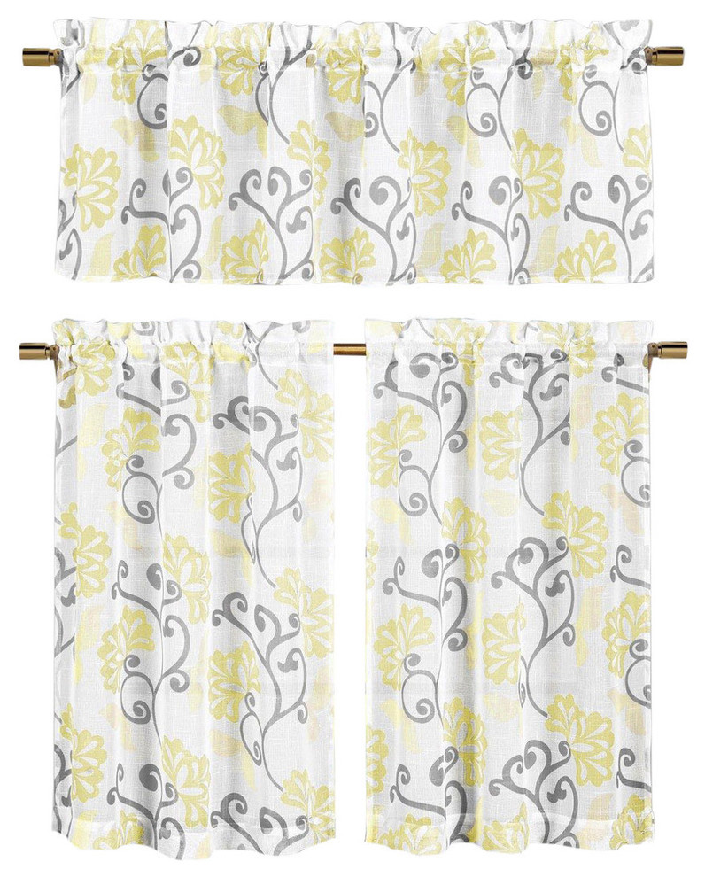 Sheer Window Curtain Set Floral Vine Design 2 Tiers 1 Valance
