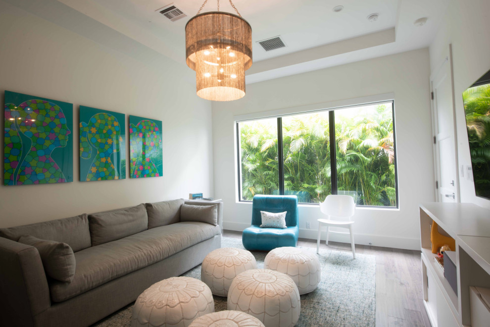 Contemporary teen room in Miami with white walls, ceramic floors, grey floor and recessed for girls.