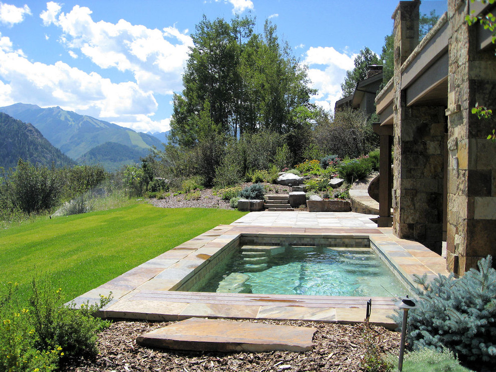 Large modern backyard rectangular pool in Denver with a hot tub and tile.