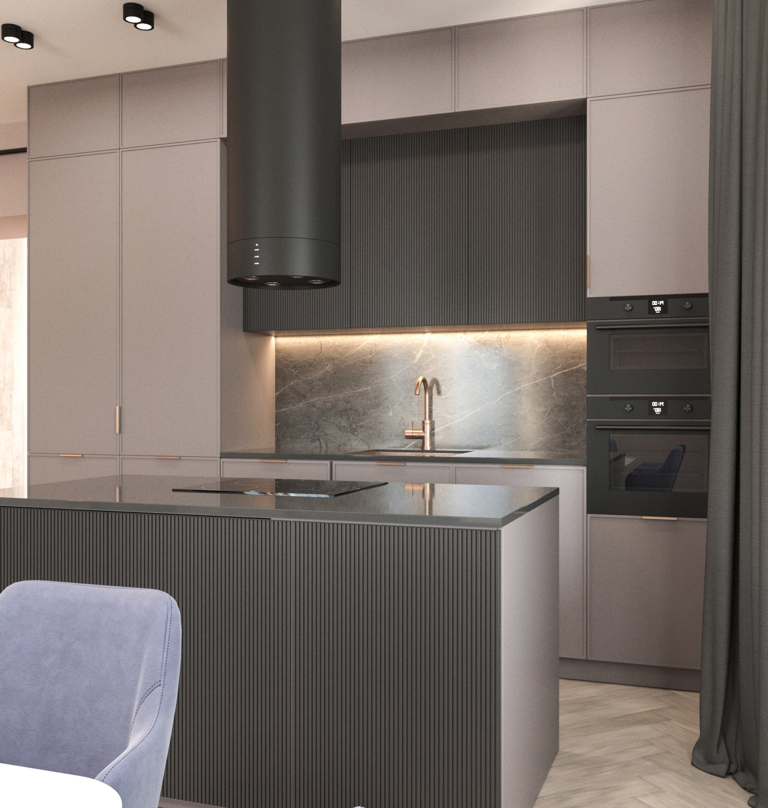 Просторная квартира в синими стенами