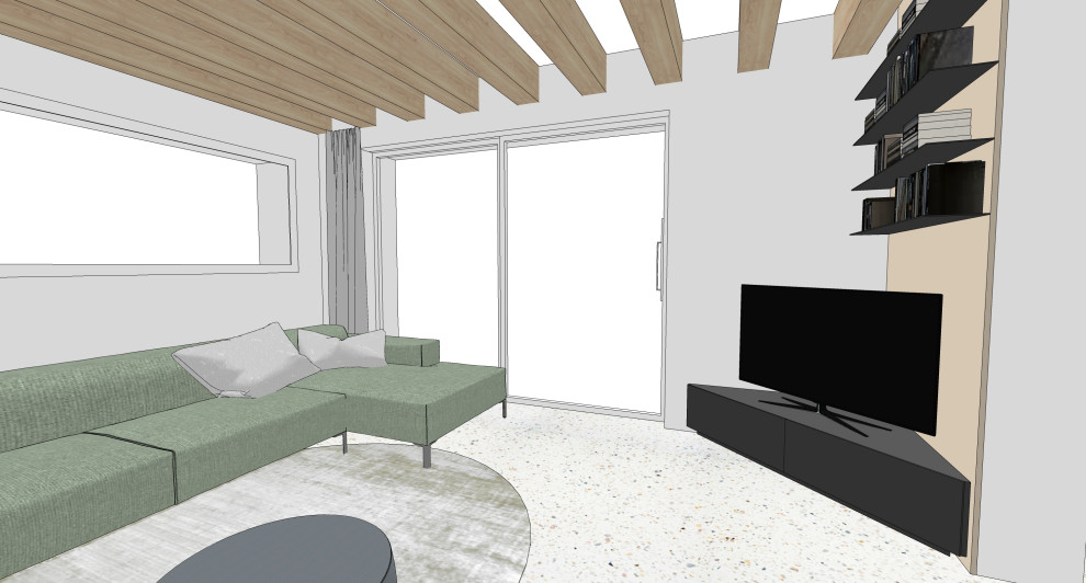 Inredning av ett modernt mellanstort allrum med öppen planlösning, med ett bibliotek, vita väggar, TV i ett hörn och flerfärgat golv