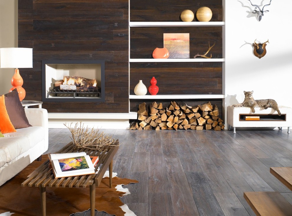 Inspiration for a mid-sized contemporary formal open concept living room in Other with white walls, dark hardwood floors, a standard fireplace, a wood fireplace surround and no tv.
