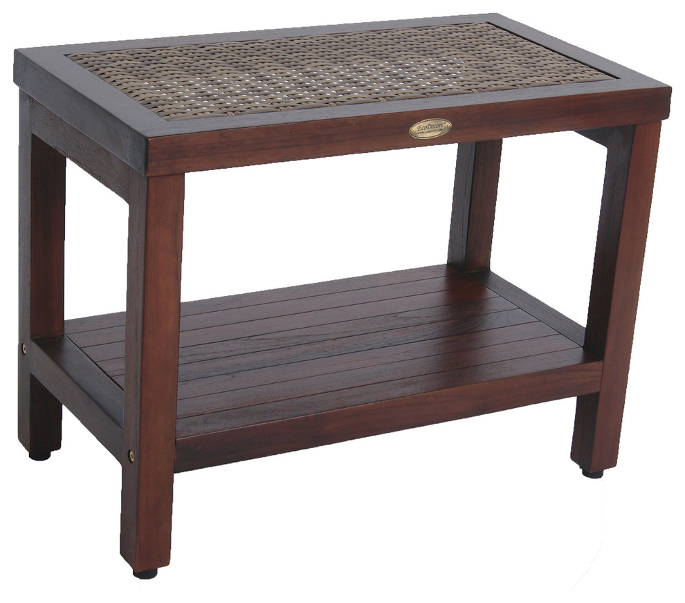 Classic 24" Teak Spa Bench With Viro Indoor/Outdoor Rattan Top and Shelf Tropical Shower