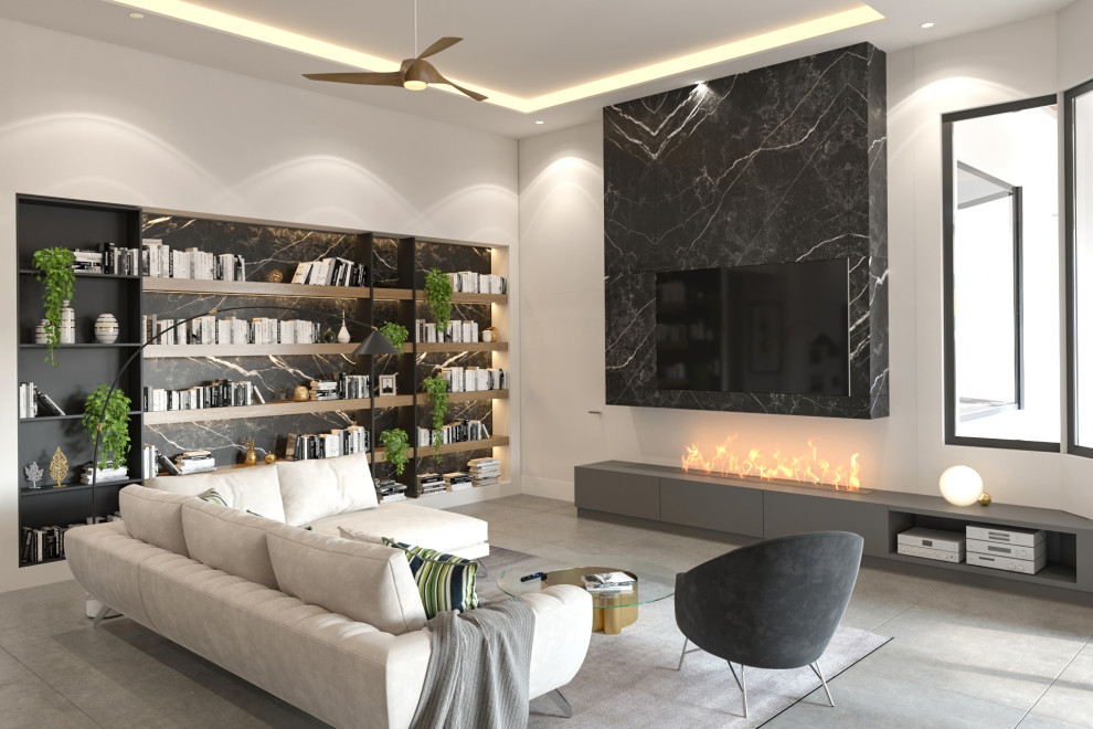 Design ideas for an expansive modern formal open concept living room in Phoenix with white walls, porcelain floors, a hanging fireplace, a stone fireplace surround, a wall-mounted tv and grey floor.