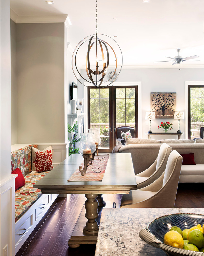 Example of a mid-sized transitional dark wood floor great room design with gray walls