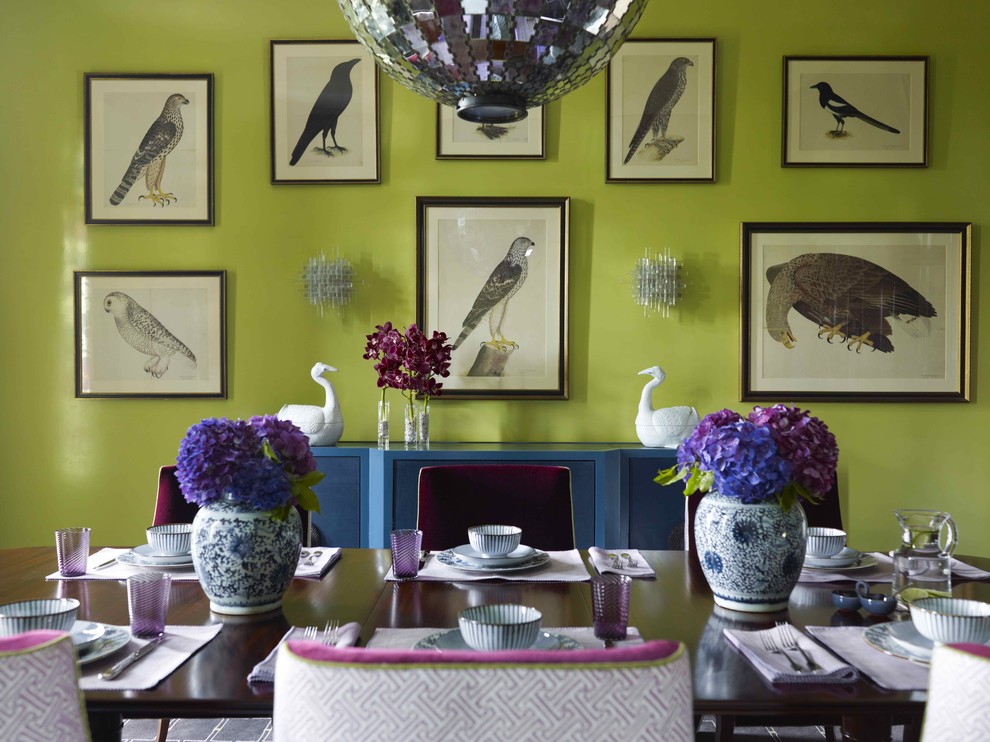 Inspiration for a contemporary dining room in New York with green walls.