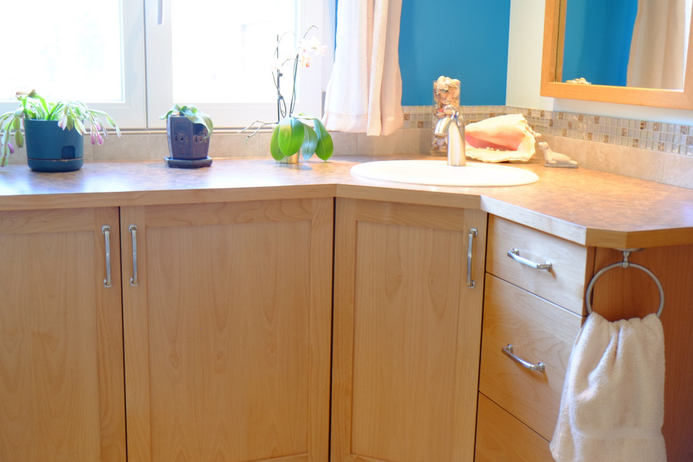Example of a transitional home design design in Calgary