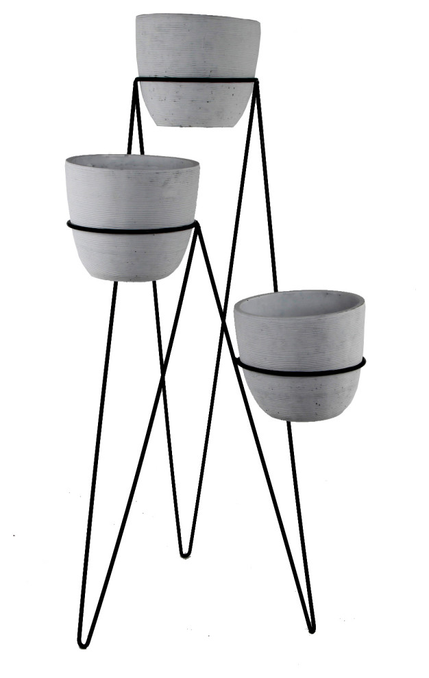 36" Tall 3-Tier Lava Cement Pots, Gray/Black