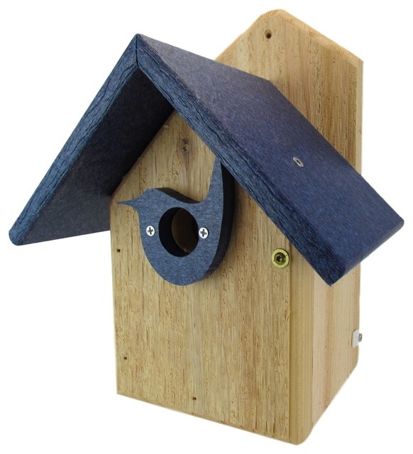 Post Mount Cedar Wren House Poly Roof & Birdhouse Predator Guard Portal Contemporary