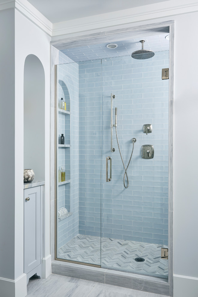 Design ideas for a large transitional master bathroom in Minneapolis with recessed-panel cabinets, grey cabinets, a drop-in tub, an alcove shower, a one-piece toilet, white tile, ceramic tile, slate floors, an undermount sink, granite benchtops, yellow floor and an open shower.