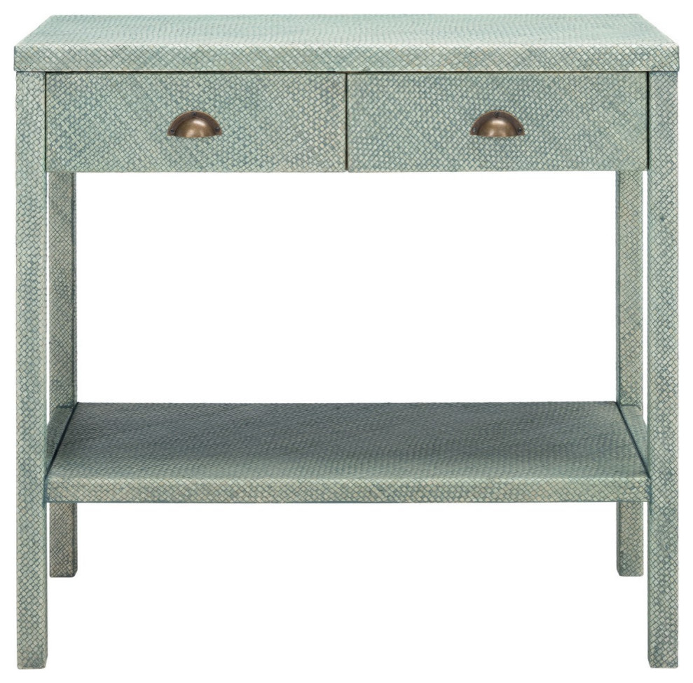Daisey 2 Drawer 1 Shelf Console Table, Turquoise/Antique Gold
