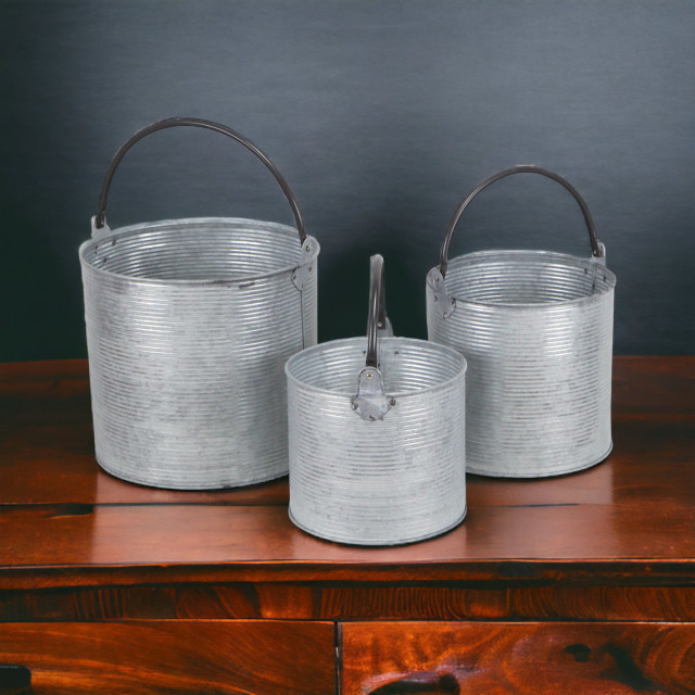 Textured Metal Garden Buckets, Set of 3 Industrial Baskets by