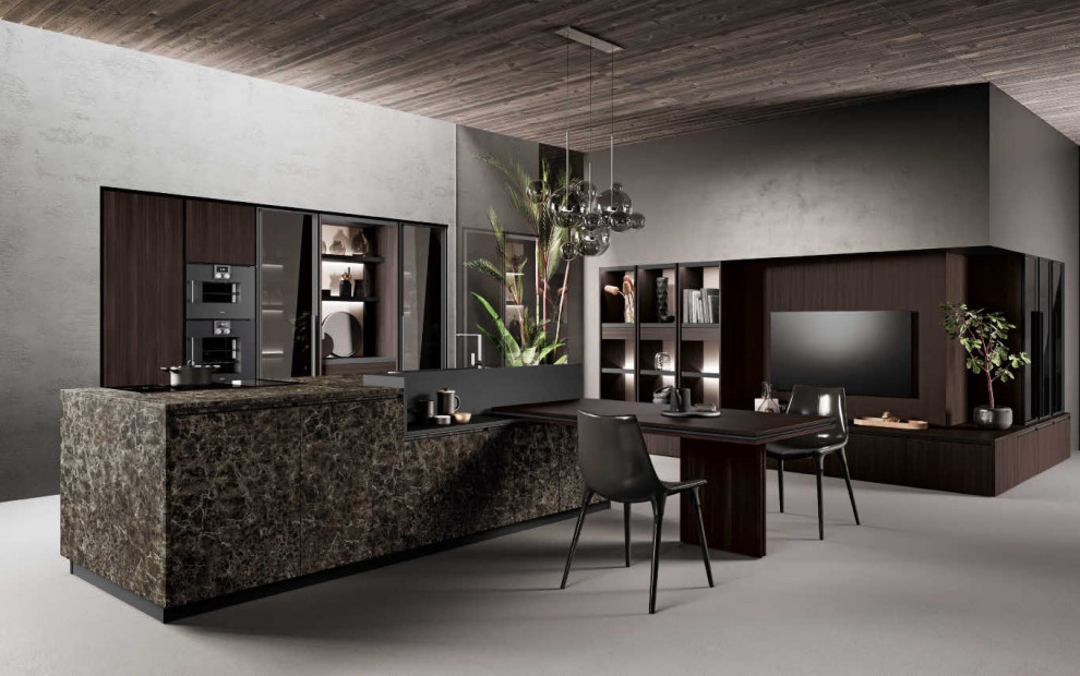 Eat-in kitchen - mid-sized modern l-shaped concrete floor eat-in kitchen idea in San Diego with an undermount sink, flat-panel cabinets, dark wood cabinets, marble countertops, brown backsplash, quartz backsplash, black appliances, an island and brown countertops