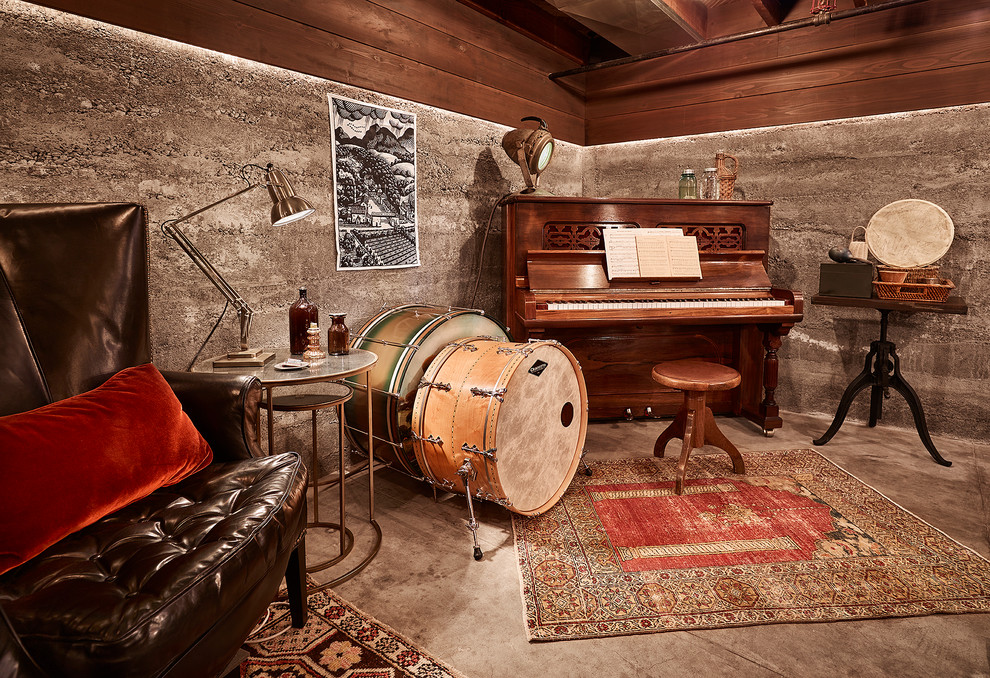 Inspiration for a traditional basement in Other with grey walls and concrete floors.