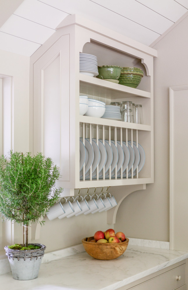 Transitional vaulted ceiling open concept kitchen photo in Boston with a farmhouse sink, recessed-panel cabinets, beige cabinets, marble countertops, colored appliances, no island and white countertops