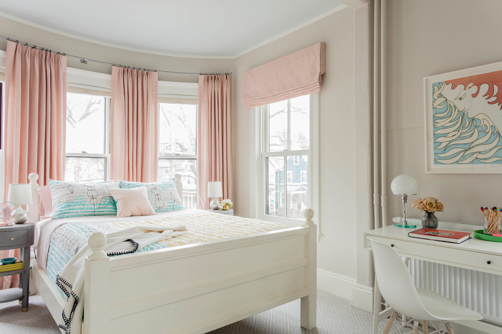 Inspiration for a mid-sized transitional kids' bedroom in Boston with carpet, beige walls and beige floor.