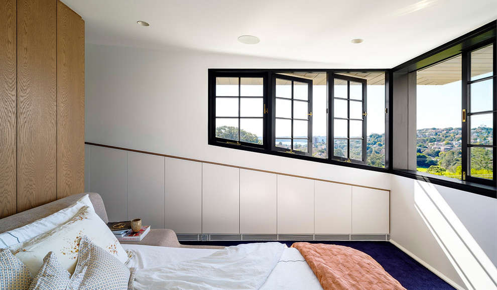 Design ideas for a transitional bedroom in Sydney with white walls, carpet and blue floor.