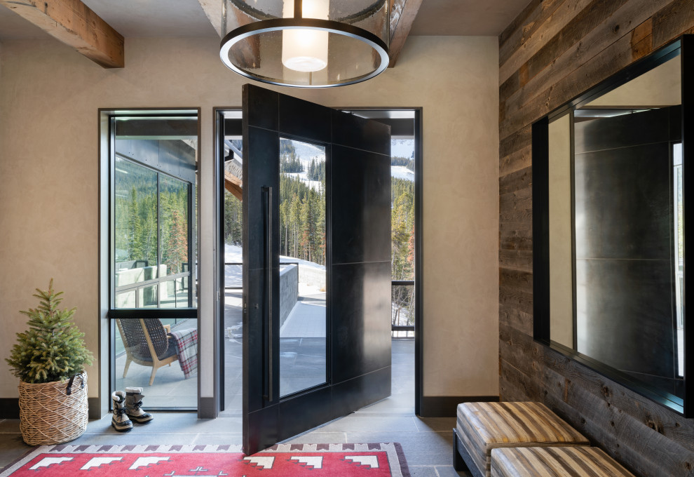 Mountain style pivot front door photo with a metal front door