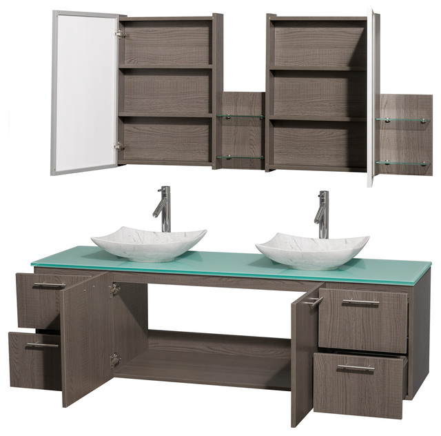 Amare 72" Double Vanity, Gray Oak, Green Glass Top, Arista Carrera