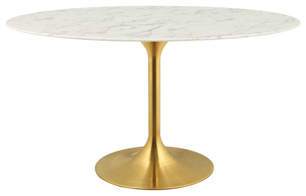 Faux White Marble Tulip Dining Table, Oval, Glam Gold Table, 54"