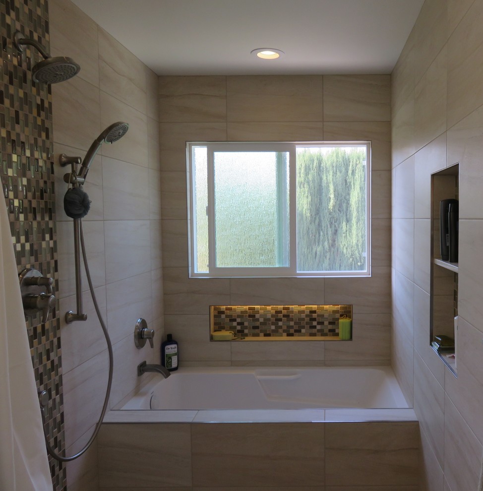 Mid-sized transitional master bathroom in Orange County with an undermount sink, shaker cabinets, dark wood cabinets, engineered quartz benchtops, an alcove tub, an open shower, a one-piece toilet, beige tile, porcelain tile, beige walls and porcelain floors.