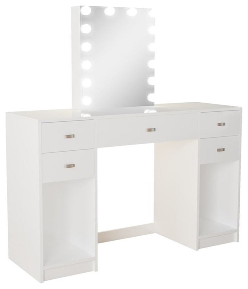 Boahaus Thalia 5Drawer Modern Wood Vanity with Light Bulbs and Mirror