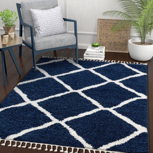 Well Woven Cabana Moroccan Trellis Shag Celosia Blue Area Rug, 7'10" x