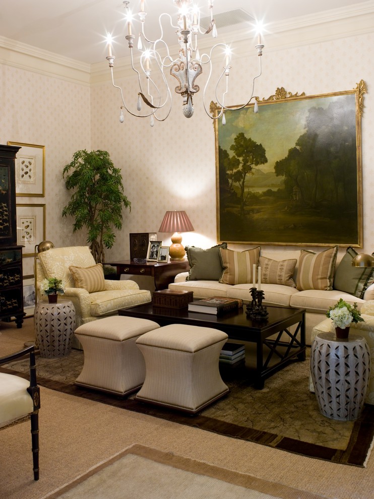 This is an example of a large traditional enclosed family room in Atlanta with brown walls and carpet.