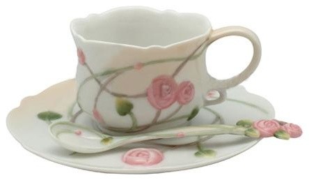 Rose Coffee Cup Set With Spoon, Home Accent, Fine Porcelain