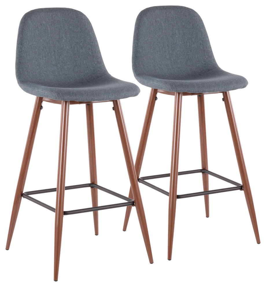 Pebble MidCentury Modern Barstool in Walnut Metal and Blue FabricSet